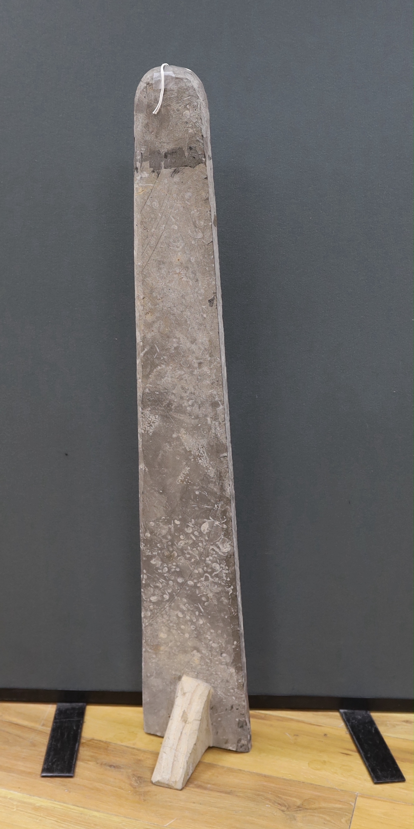 A large Middle Ordovician Orthoceras fossil on prepared limestone matrix, Orthoceras 94cm high, matrix 102cm high